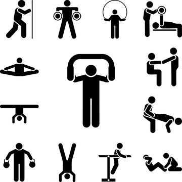 Fitness sports gym exercise peck deck with arrow pictogram icon in a collection with other items