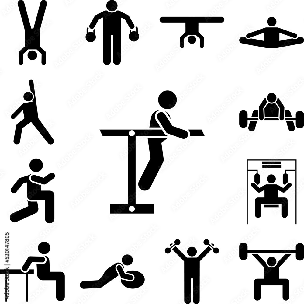 Poster Man dipping bars exercise with arrow pictogram icon in a collection with other items