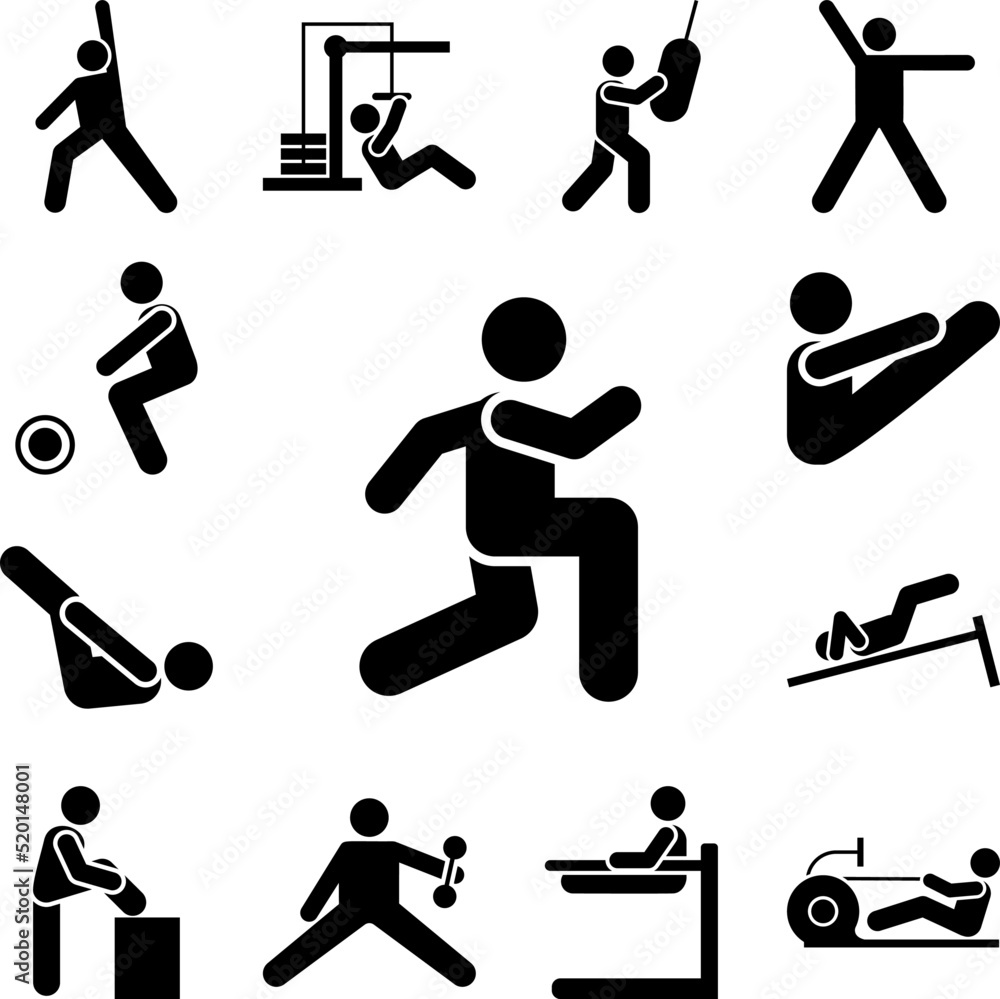 Poster running man sports gym exercise with arrow pictogram icon in a collection with other items