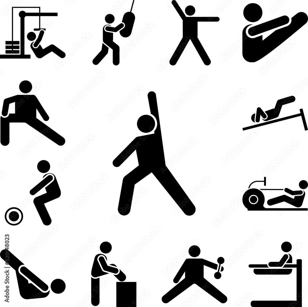 Poster health workout exercise man with arrow pictogram icon in a collection with other items