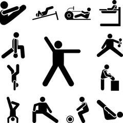 Gym man exercise health sports with arrow pictogram icon in a collection with other items