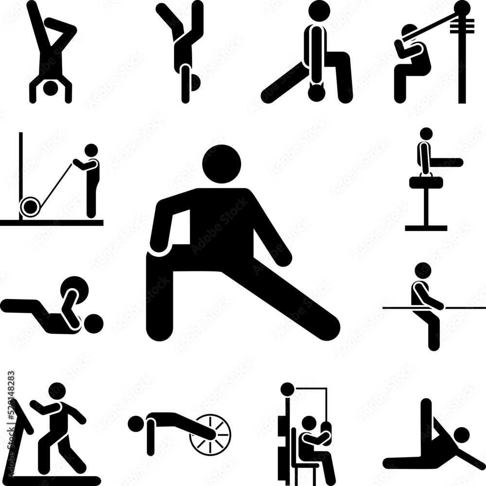 Poster man sports gym exercise training with arrow pictogram icon in a collection with other items