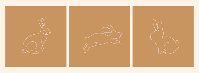 Fototapeta na wymiar One line drawing Rabbits set .Poster, Vector on a light background