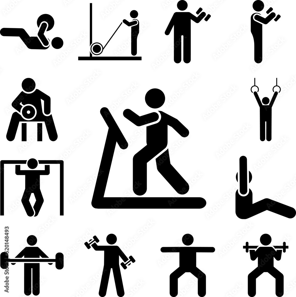 Poster running man sports gym exercise training with arrow pictogram icon in a collection with other items