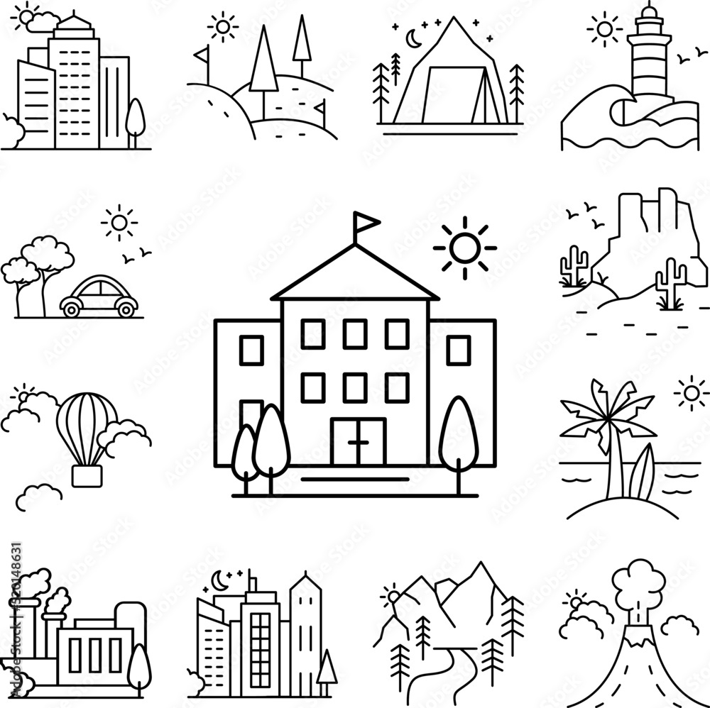 Poster high school building line icon in a collection with other items