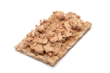 Crispy Sandwich with Chicken Pate Isolated on White Background. Whole Grain Bread with Liver Pate. Diet Breakfast and Healthy Food