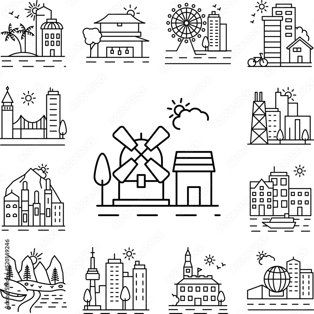 Poster windmill line icon in a collection with other items