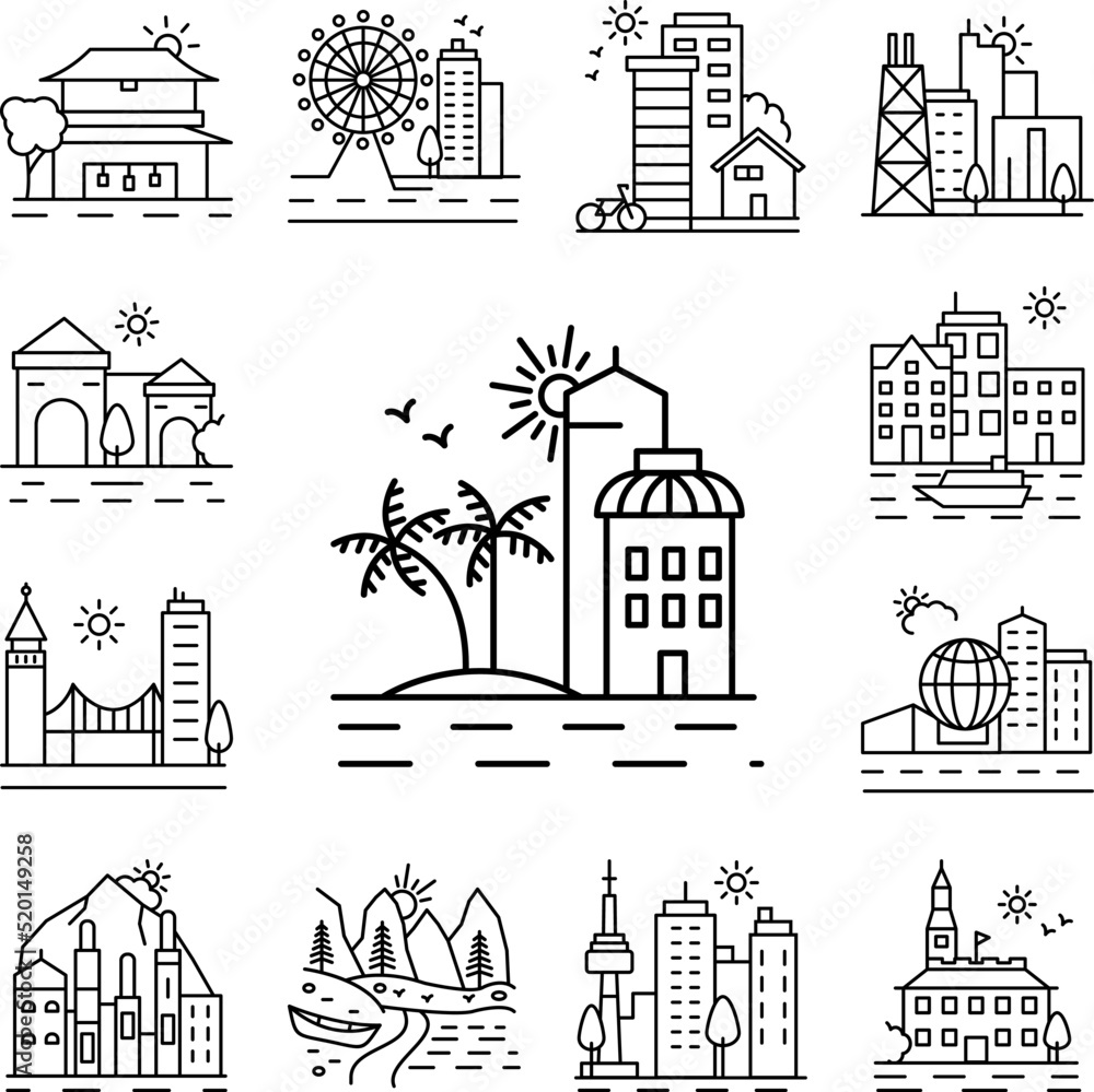 Poster palm trees and cityscape line icon in a collection with other items
