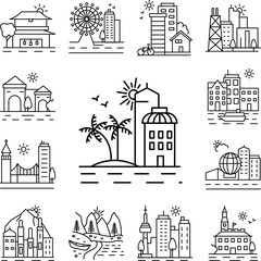 Palm trees and cityscape line icon in a collection with other items