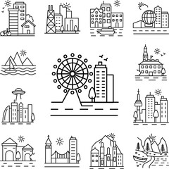 Obraz premium Ferris wheel in the city line icon in a collection with other items