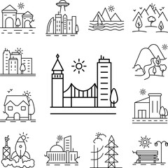 Cityscape and suspension bridge line icon in a collection with other items