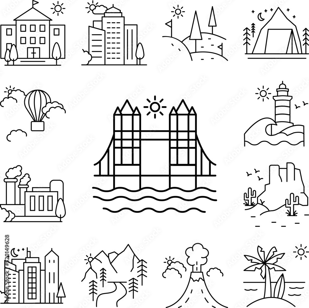 Poster tower bridge line icon in a collection with other items