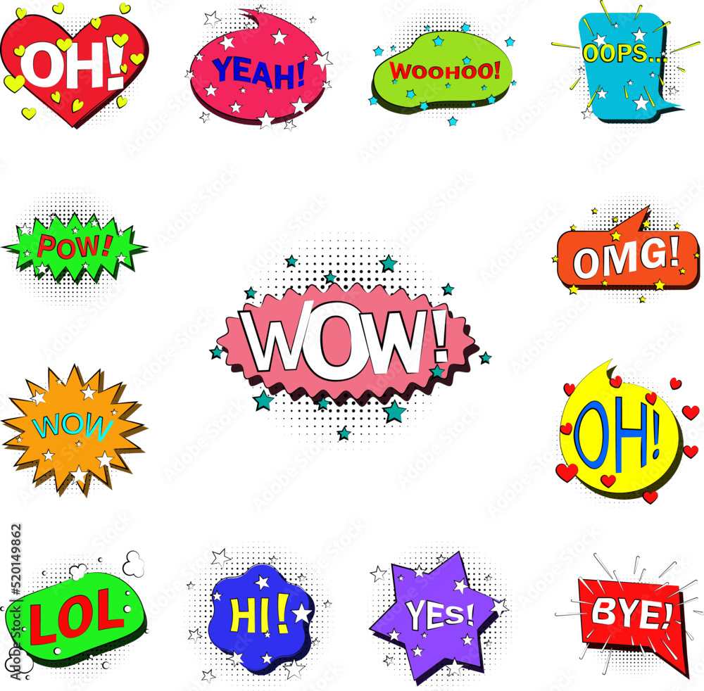 Poster pop art wow bobble color icon in a collection with other items