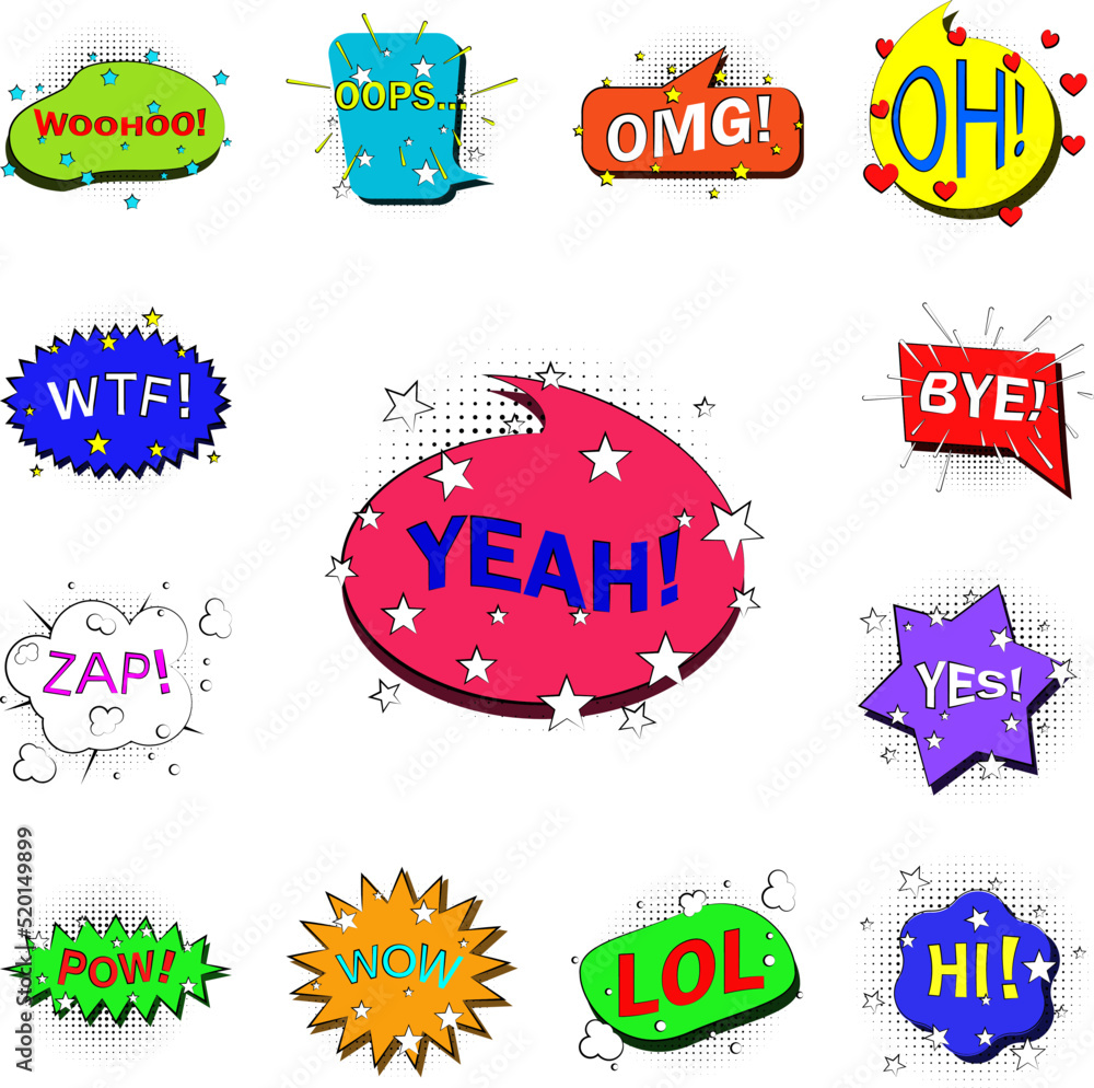 Poster pop art yeah bobble color icon in a collection with other items