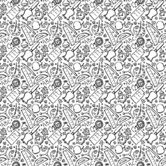 Black and white School pattern. Back to school. Doodle school background. Seamless school vector illustration