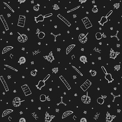 Black and white School pattern. Back to school. Doodle school background. Seamless school vector illustration