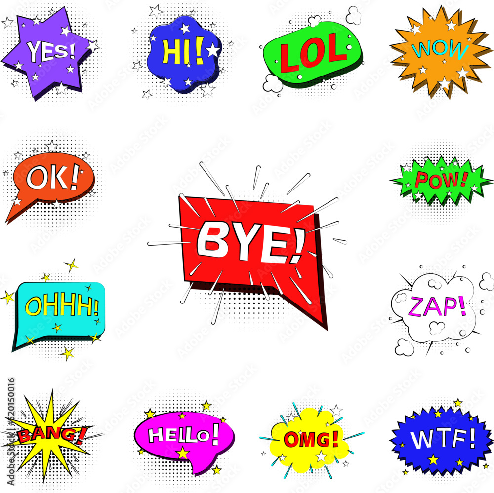 Poster pop art bye bobble color icon in a collection with other items