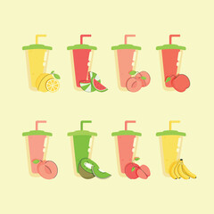 Summer smoothie. Set fruit cold healthy drinks vitamin juice vector shake illustration.
