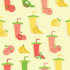 Summer seamless pattern with smoothie. Set fruit cold healthy drinks vitamin juice vector shake illustration.