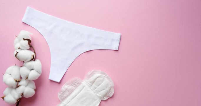 Composition of women's underpants, a branch of cotton, a tampon and a sanitary pad on a pink background with space for text. Period. Looped 4K stop motion animation