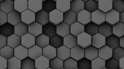 Abstract 3D geometric background, black hexagons shapes, 3D dark grey honeycomb pattern render illustration. 