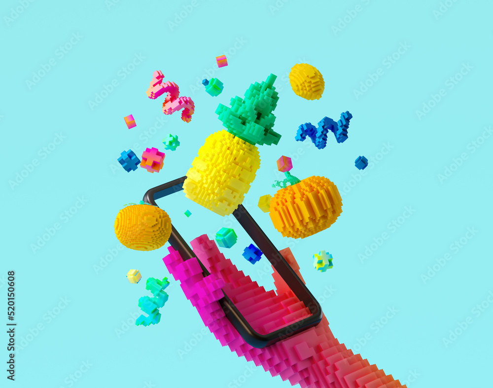 Poster minimal background for online shopping and metaverse concept. pixel hand and mix fruit with smartpho