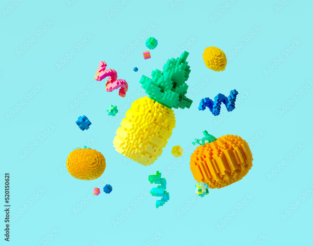 Poster minimal background for online shopping and metaverse concept. mix fruit pixel with on blue backgroun