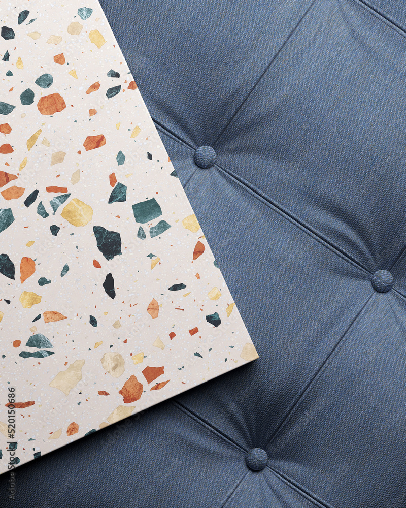 Poster summer mockup concept for product presentation. terrazzo platform on fabric tufted cushion. clipping