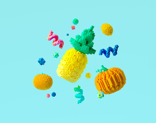 Minimal background for online shopping and metaverse concept. Mix fruit pixel with on blue background. 3d rendering illustration. Clipping path of each element included.