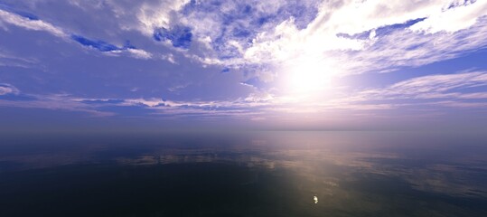 Fototapeta na wymiar Seascape panorama, sunset in the sea, clouds panorama over water, 3d rendering