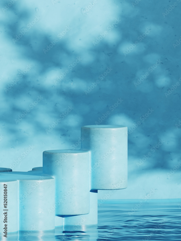 Poster summer mockup concept for product presentation. blue geometric stage platform on blue water. clippin