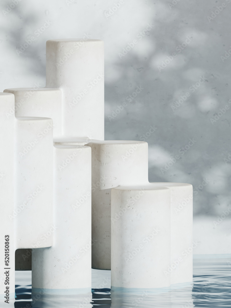 Poster summer mockup concept for product presentation. white geometric stage platform on blue water. clippi