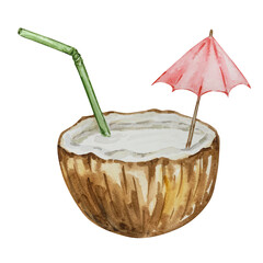 Watercolor tropical cocktail coconut.