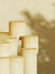 Summer mockup concept for product presentation. Yellow geometric stage platform with plant shadow. Clipping path of each element included. 3d rendering illustration. 