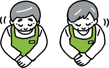 お辞儀するエプロン姿のシニア男女