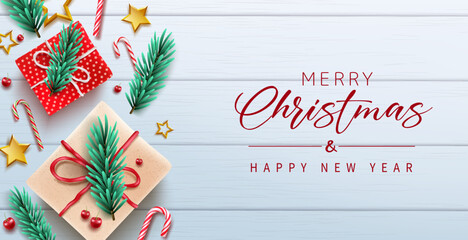 Fototapeta na wymiar Christmas greeting vector design. Merry christmas greeting text in wood background with gifts and decoration element for xmas holiday celebration. Vector illustration. 