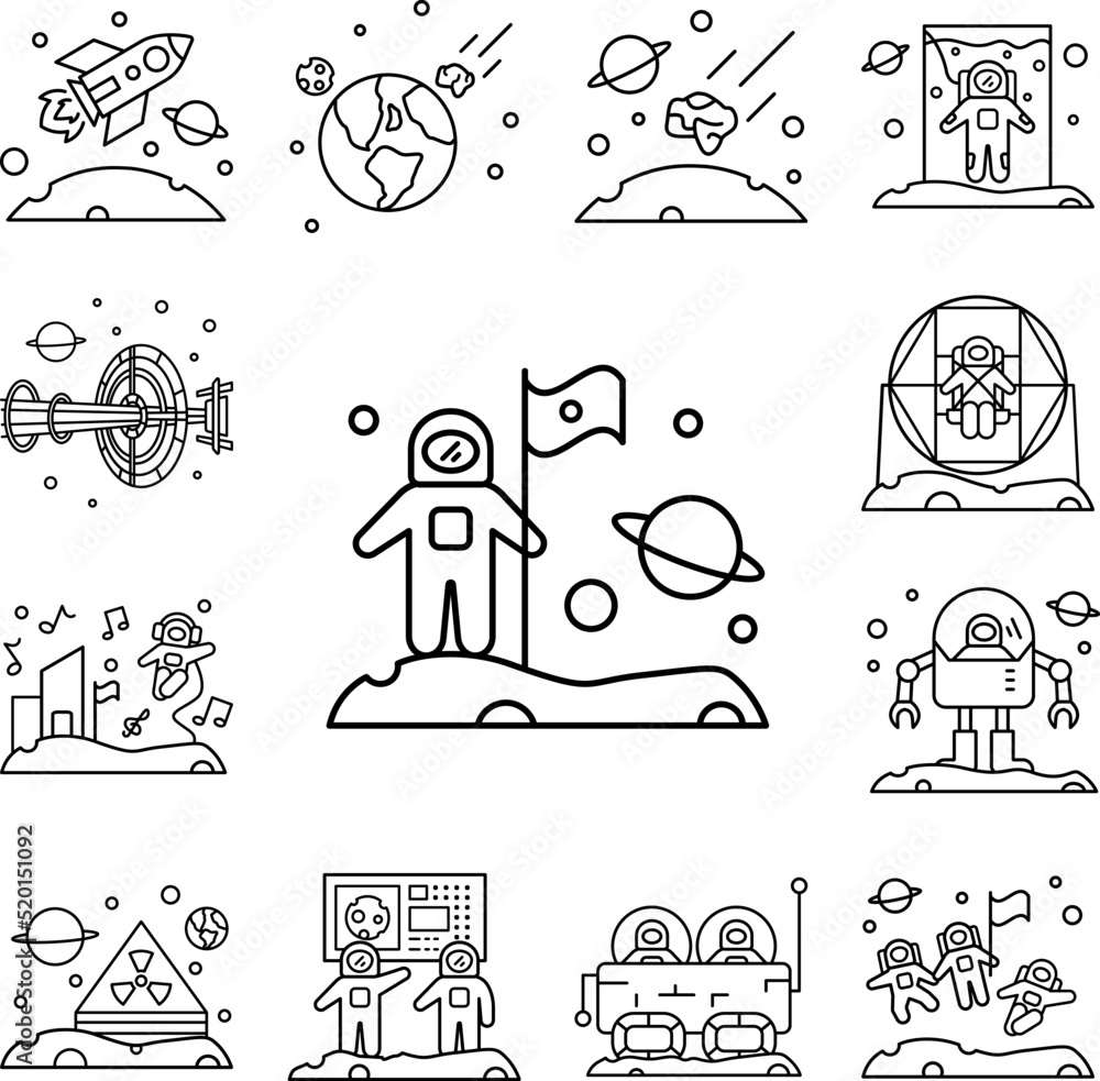 Aufkleber astronaut puts a flag on the new planet icon in a collection with other items