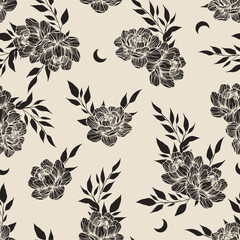 Black tattoo style seamless pattern with flower. Floral vector seamless pattern. Delicate botanical wallpaper.