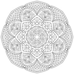 Colouring page, hand drawn, vector. Mandala 62, ethnic, swirl pattern, object isolated on white background.