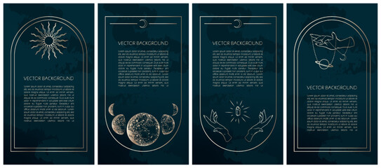 Set of golden celestial mysterious vector illustrations for stories templates, mobile app, landing page, web design, posters. Occult magic background for astrology, fortune telling, tarot concept.  - obrazy, fototapety, plakaty
