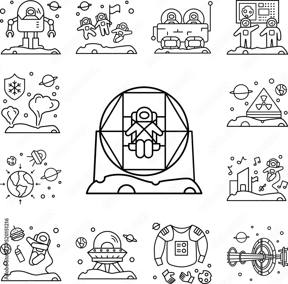 Poster cosmonaut device, training machine icon in a collection with other items