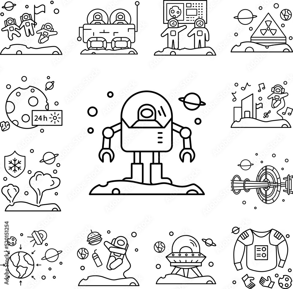 Poster spaceship cosmonaut, robot icon in a collection with other items
