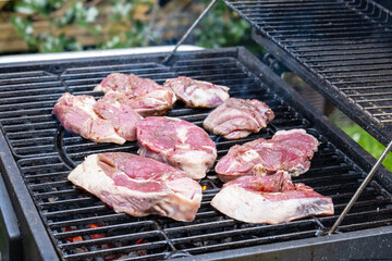 Close-up of pieces of fresh raw meat laid out on a grill grate. Barbecue cooking. Selective focus.