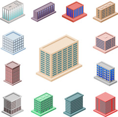 isometric office building icon in a collection with other items