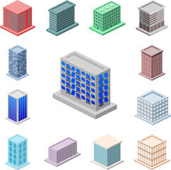 isometric apartments building icon in a collection with other items