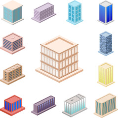 isometric office building icon in a collection with other items