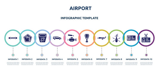 airport concept infographic design template. included damper, left turn, ticket validator, station wagon, car engine, hot air, airplane of paper sheet, military helicopter bottom view, identity card