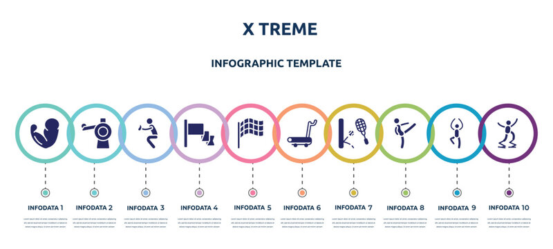x treme concept infographic design template. included muscles, pitching hine, catcher, red flag, race flag, treadmill hine, squash, master, powerbocking icons and 10 option or steps.