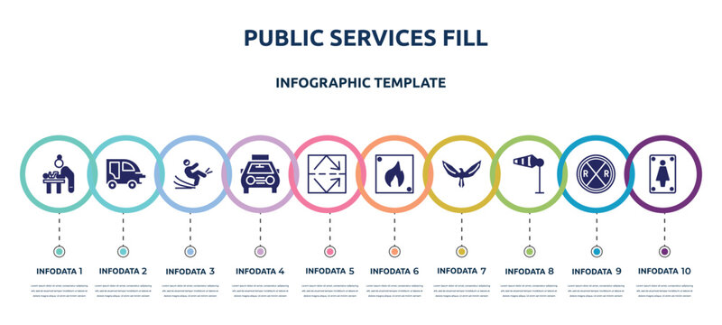 public services fill concept infographic design template. included baby changer, autorickshaw, slippery, solar taxi, reflective, fire triangular, hawk, wind flag, women toilet icons and 10 option or