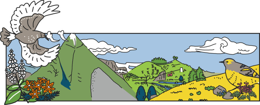 高原から望む山の風景　イラスト素材				
